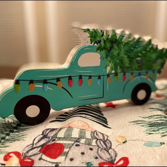 Blue Farmhouse Christmas PickUp Truck Carrying A Christmas Tree Wood Decor Sign - Picture 13 of 15